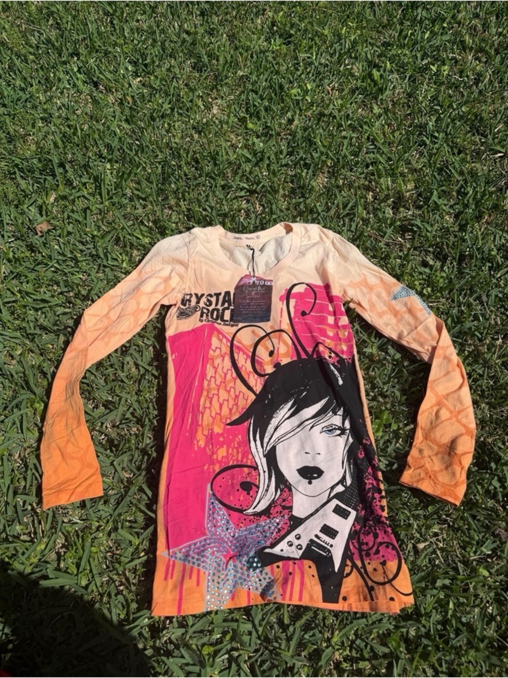 Crystal Rock by Christian Audigier Rocker Girl Graphic Rhinestone Tee Size M- S - Picture 3 of 9